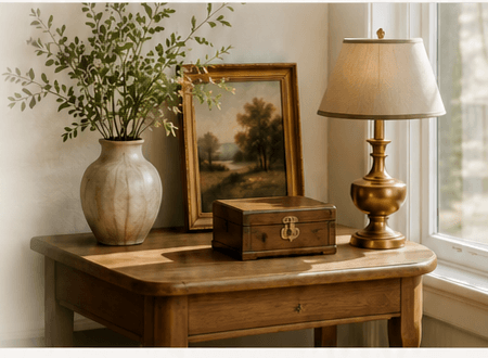 An elegant estate interior with a wood table, lamp, art, and greenery